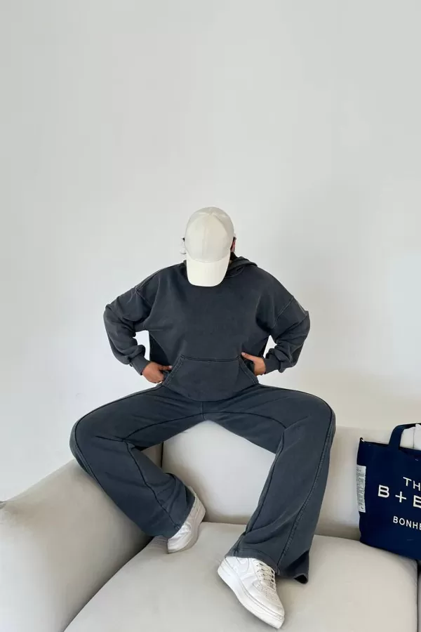 Kapüşonlu Pamuklu Antrasit Kadın Eşofman Takımı