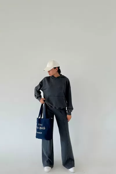 Kapüşonlu Pamuklu Antrasit Kadın Eşofman Takımı