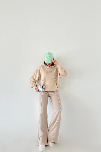 Kapüşonlu Pamuklu Bej Kadın Eşofman Takımı