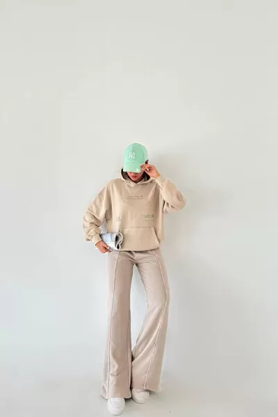 Kapüşonlu Pamuklu Bej Kadın Eşofman Takımı