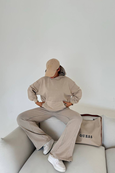 Kapüşonlu Pamuklu Bej Kadın Eşofman Takımı
