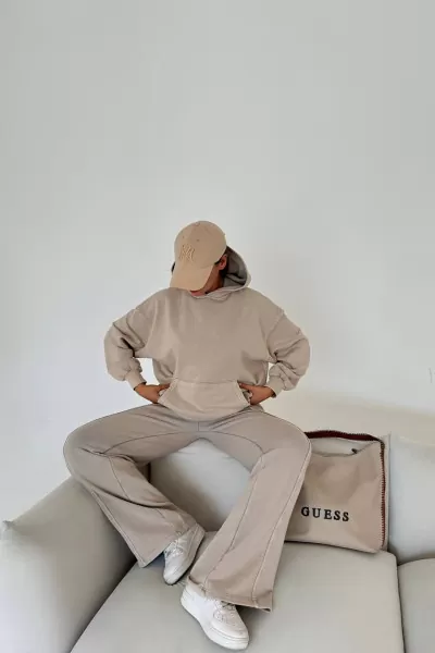 Kapüşonlu Pamuklu Bej Kadın Eşofman Takımı
