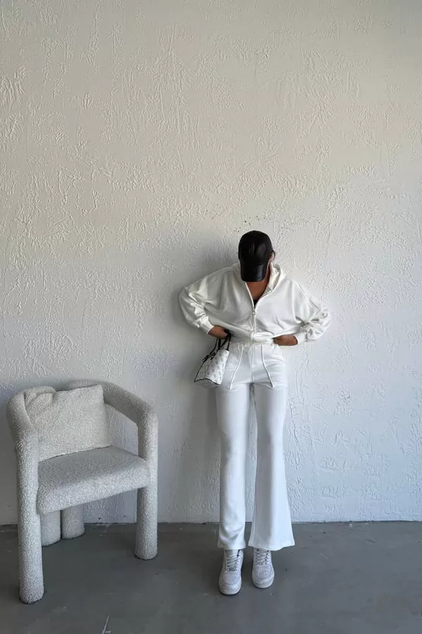 Kapüşonlu Pamuklu Beyaz Kadın Eşofman Takımı