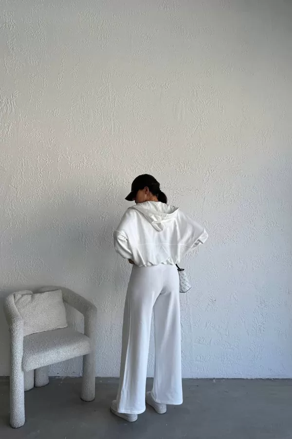 Kapüşonlu Pamuklu Beyaz Kadın Eşofman Takımı