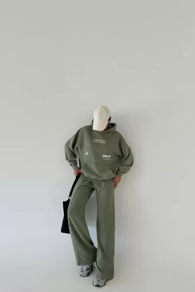 Kapüşonlu Pamuklu Çağla Yeşili Kadın Eşofman Takımı