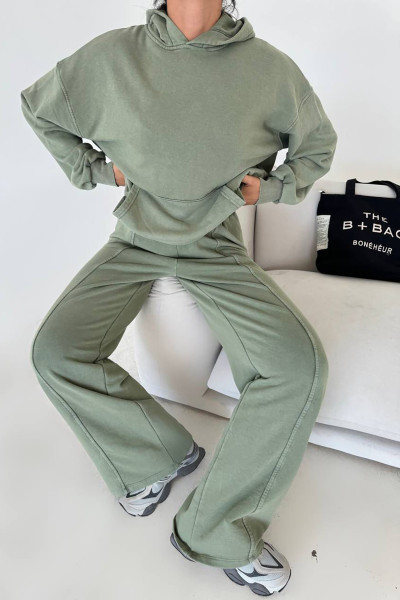 Kapüşonlu Pamuklu Çağla Yeşili Kadın Eşofman Takımı