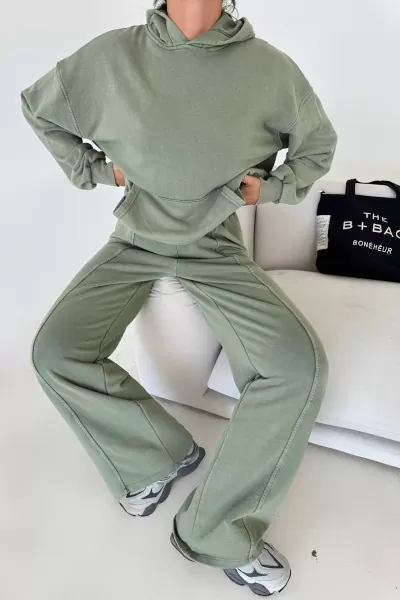 Kapüşonlu Pamuklu Çağla Yeşili Kadın Eşofman Takımı