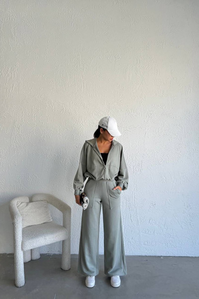 Kapüşonlu Pamuklu Çağla Yeşili Kadın Eşofman Takımı