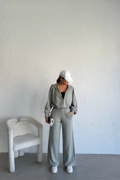 Kapüşonlu Pamuklu Çağla Yeşili Kadın Eşofman Takımı