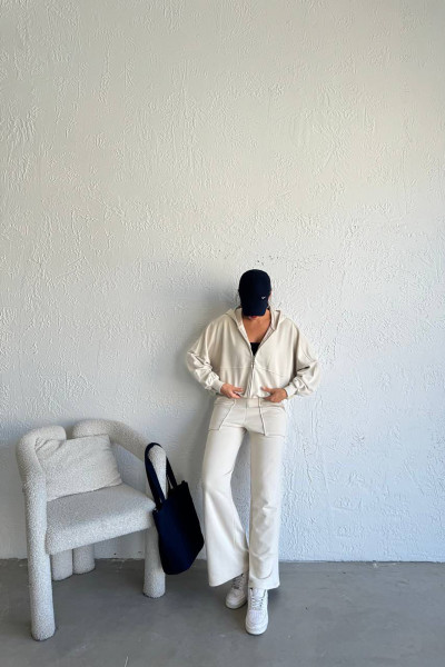 Kapüşonlu Pamuklu Ekru Kadın Eşofman Takımı