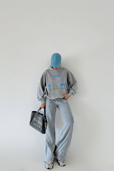 Kapüşonlu Pamuklu Gri Kadın Eşofman Takımı