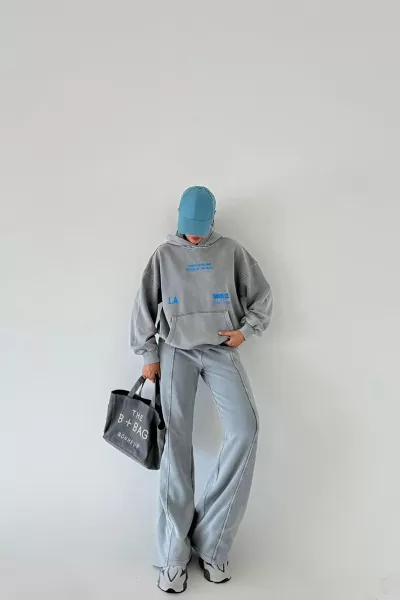 Kapüşonlu Pamuklu Gri Kadın Eşofman Takımı