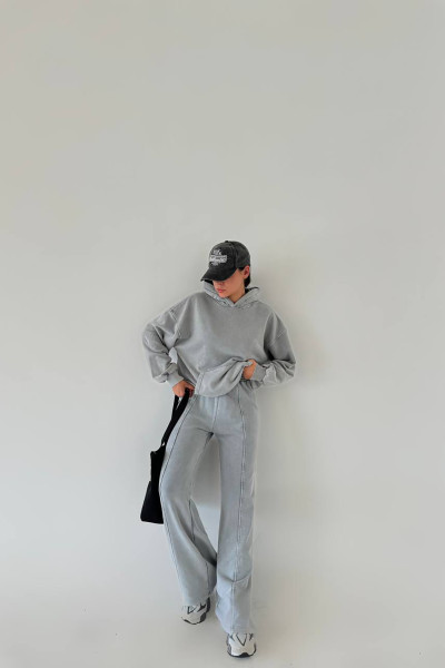 Kapüşonlu Pamuklu Gri Kadın Eşofman Takımı