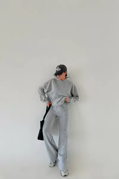 Kapüşonlu Pamuklu Gri Kadın Eşofman Takımı