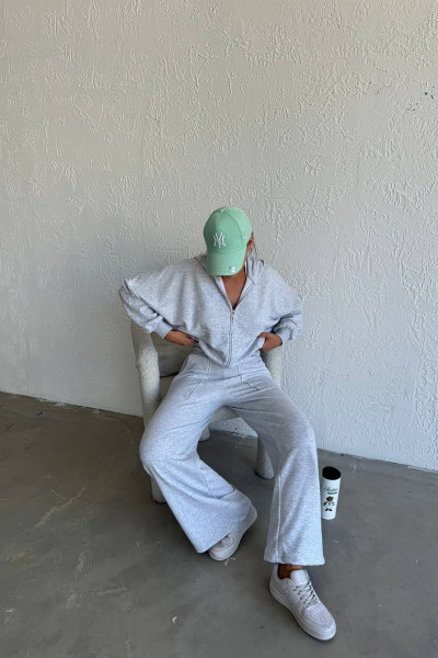 Kapüşonlu Pamuklu Melanjlı Gri Kadın Eşofman Takımı