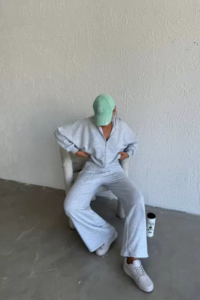 Kapüşonlu Pamuklu Melanjlı Gri Kadın Eşofman Takımı