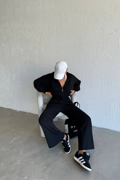 Kapüşonlu Pamuklu Siyah Kadın Eşofman Takımı