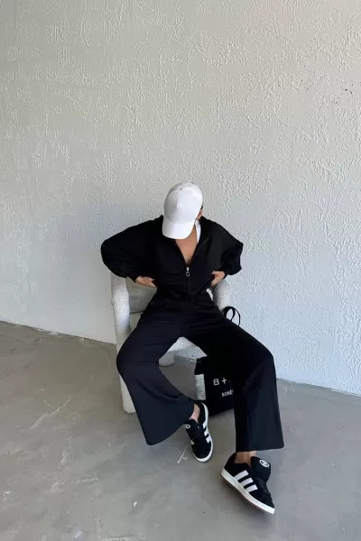 Kapüşonlu Pamuklu Siyah Kadın Eşofman Takımı