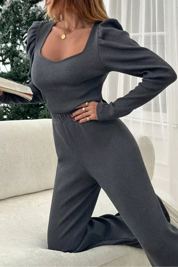 Kare Yaka Antrasit Bluz Pantolon Kadın Alt Üst Takım