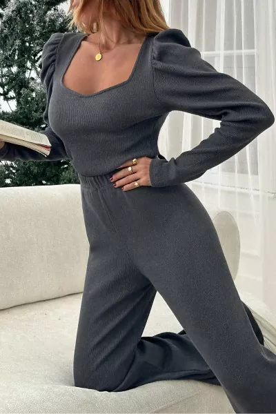 Kare Yaka Antrasit Bluz Pantolon Kadın Alt Üst Takım