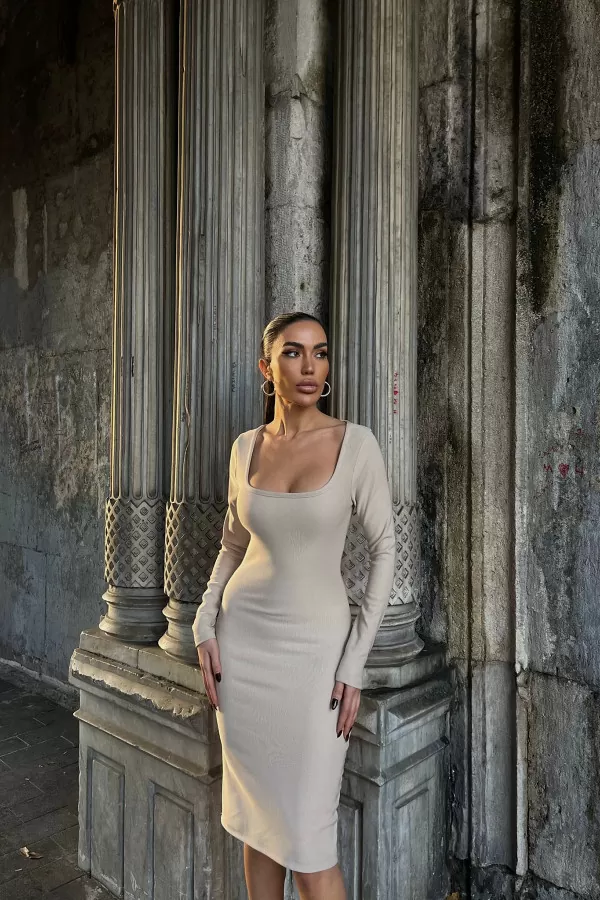 Kare Yaka Bej Pamuklu Ottoman Kumaş Midi Elbise