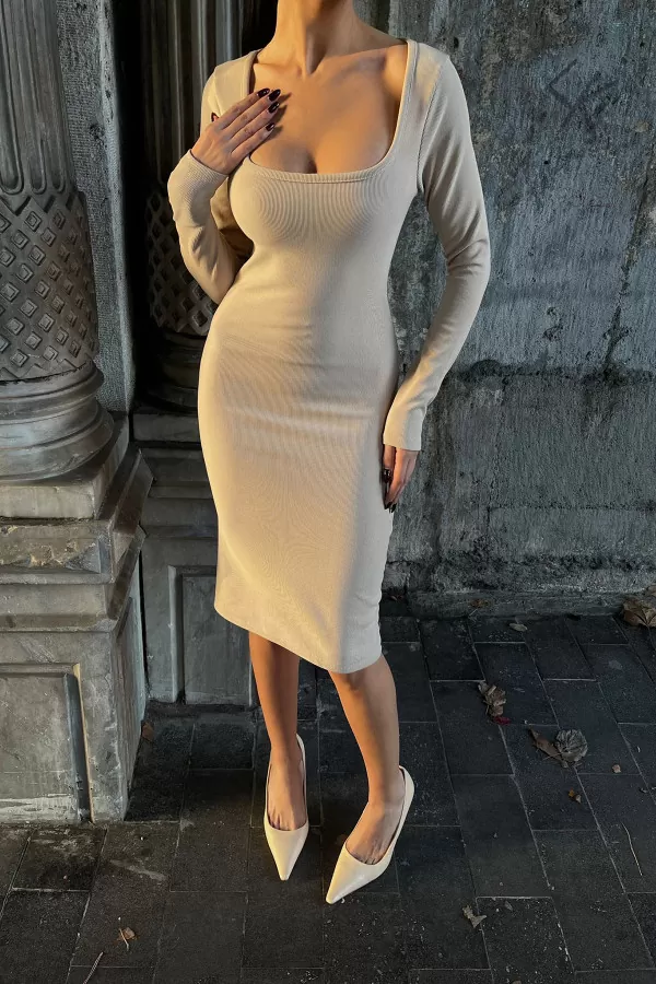 Kare Yaka Bej Pamuklu Ottoman Kumaş Midi Elbise