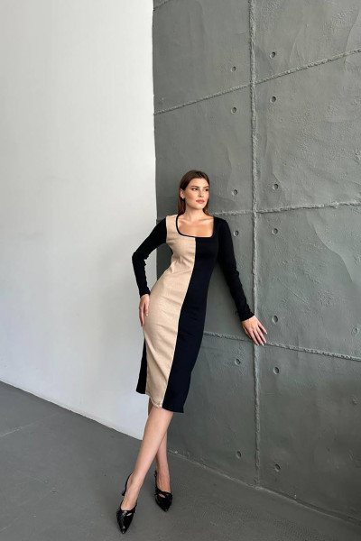 Kare Yaka Bej Siyah Pamuklu Kaşkorse Midi Elbise