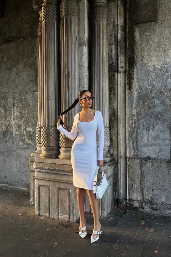 Kare Yaka Beyaz Pamuklu Ottoman Kumaş Midi Elbise