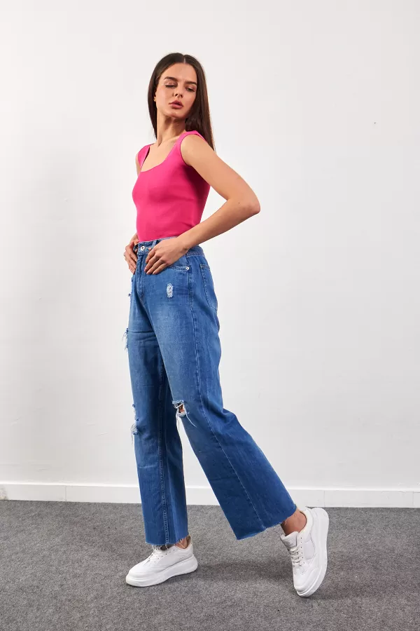 Kare Yaka Fuşya Triko Atlet