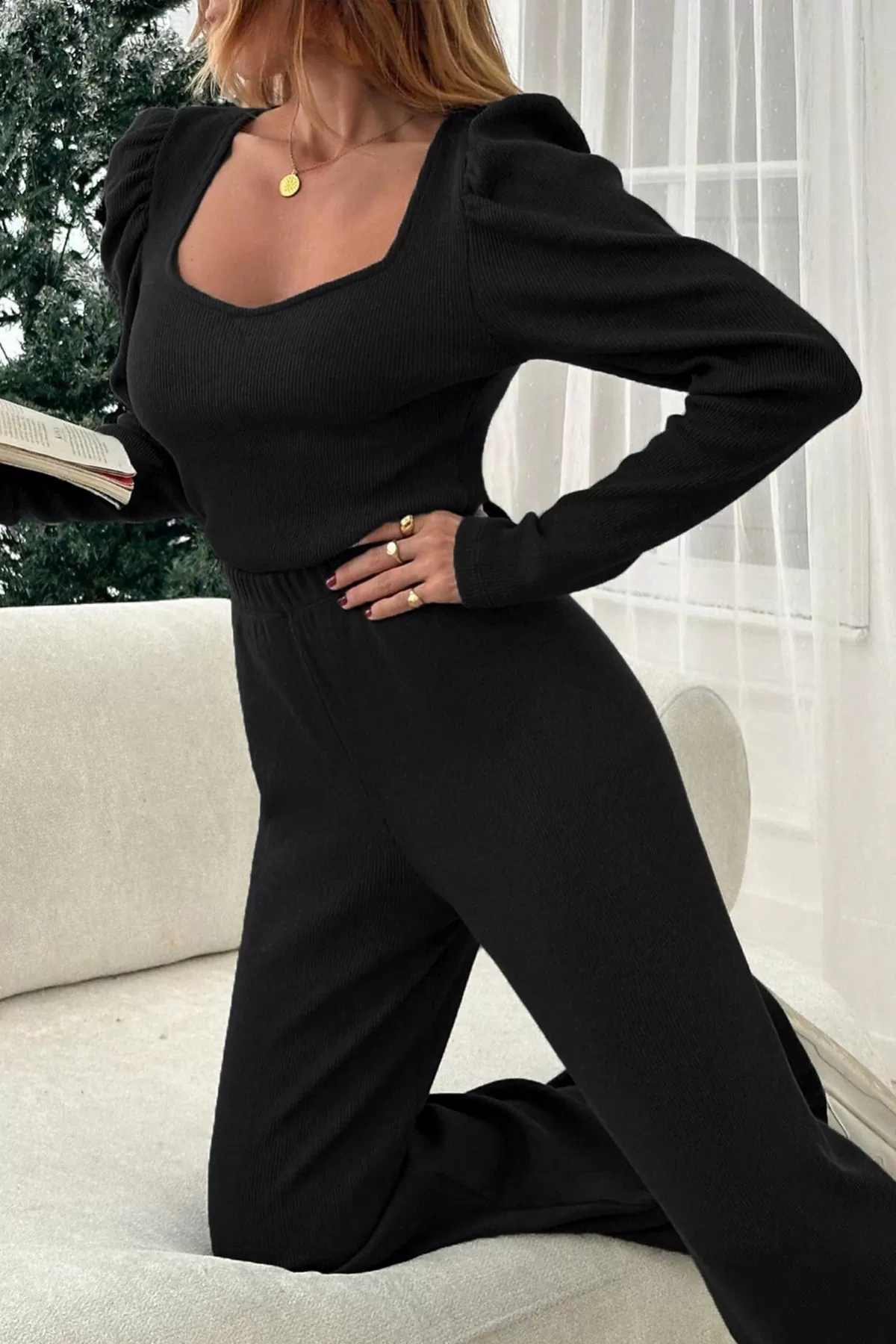 Kare Yaka Siyah Bluz Pantolon Kadın Alt Üst Takım