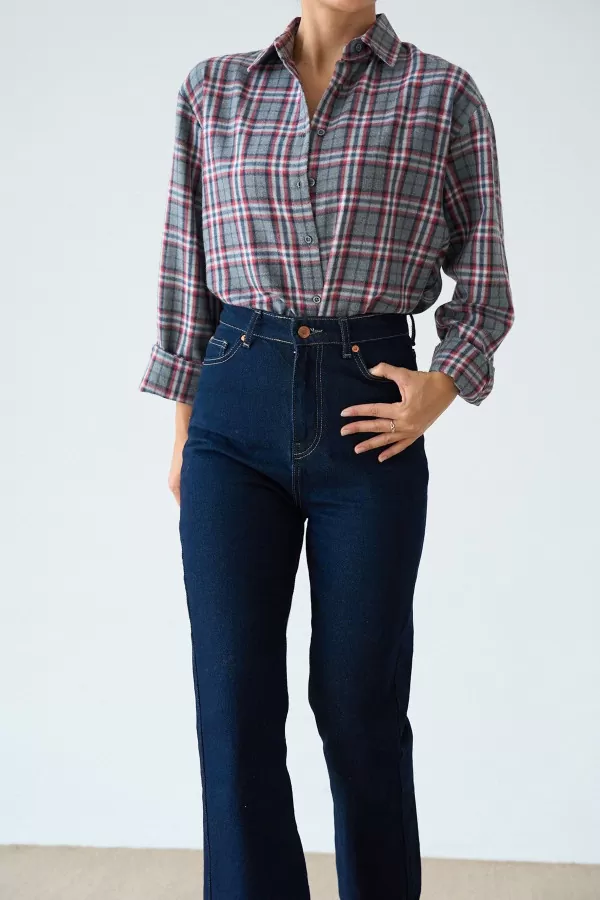 Kareli Gri Kadın Gömlek