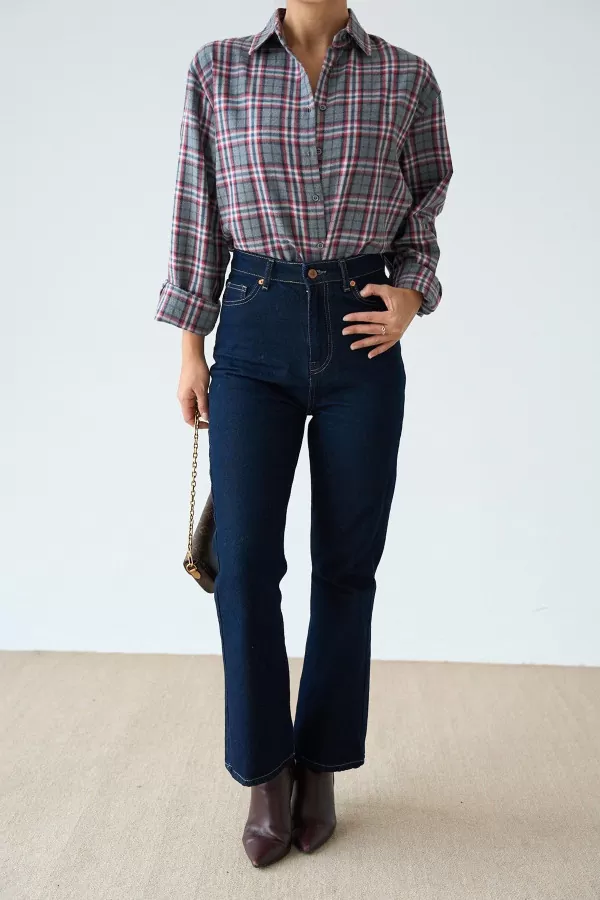 Kareli Gri Kadın Gömlek