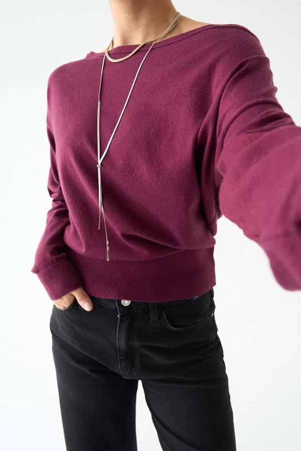 Kayık Yaka Mürdüm Kadın Kazak