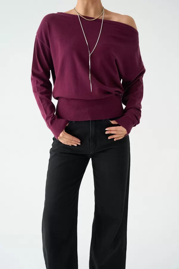 Kayık Yaka Mürdüm Kadın Kazak