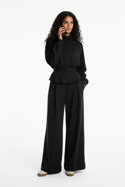 Kemerli Siyah Modal Kumaş Kadın Alt Üst Takım