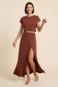 Kiremit Viskon Crop Bluz Etek İkili Takım