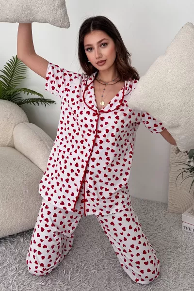 Kırmızı Beyaz Pamuklu Kadın Pijama Takımı