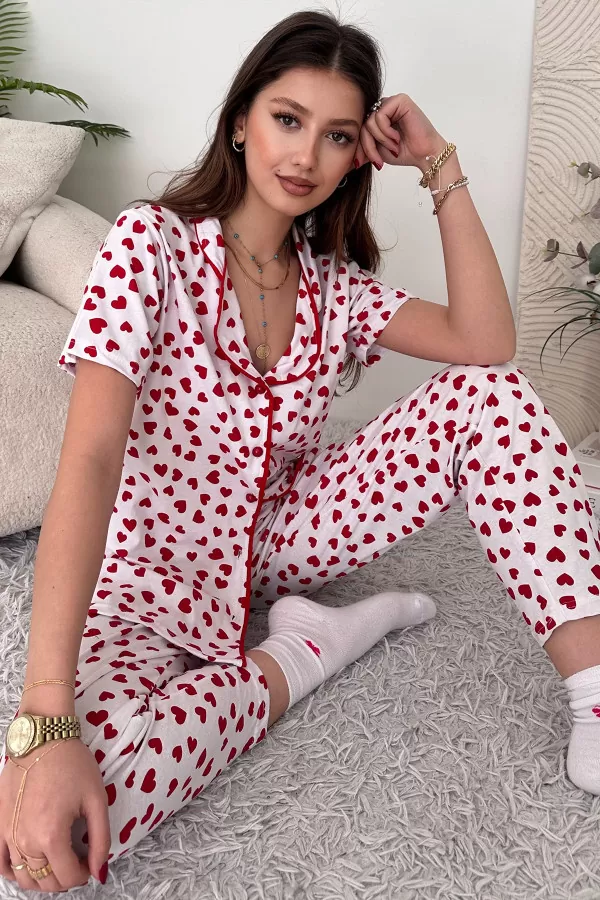 Kırmızı Beyaz Pamuklu Kadın Pijama Takımı