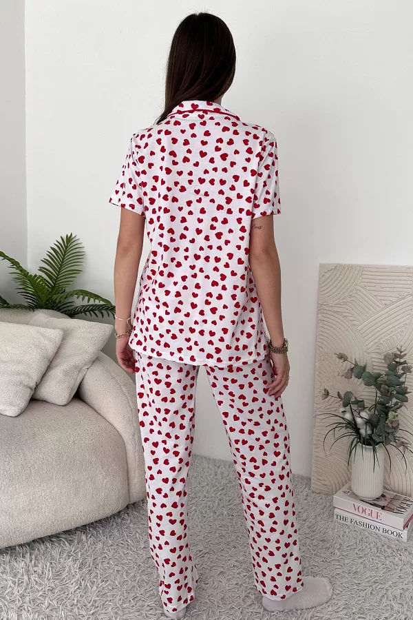 Kırmızı Beyaz Pamuklu Kadın Pijama Takımı