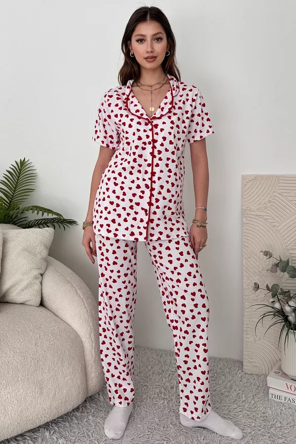 Kırmızı Beyaz Pamuklu Kadın Pijama Takımı