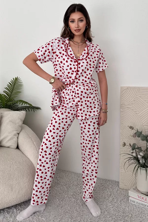 Kırmızı Beyaz Pamuklu Kadın Pijama Takımı