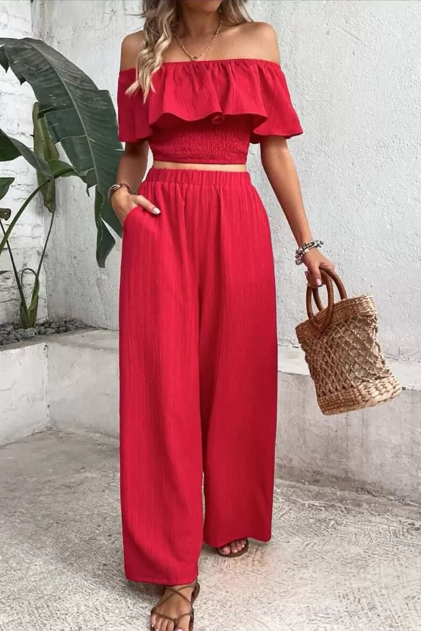 Kırmızı Fırfır Detaylı Madonna Yaka Kadın Alt Üst Takım