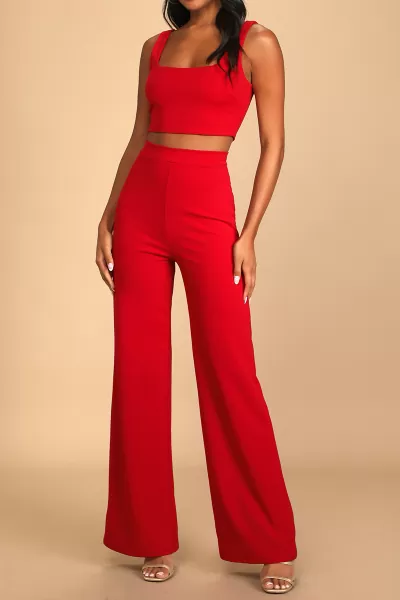 Kırmızı Dalgıç Kumaş Pantolon Bluz Kadın İkili Takım