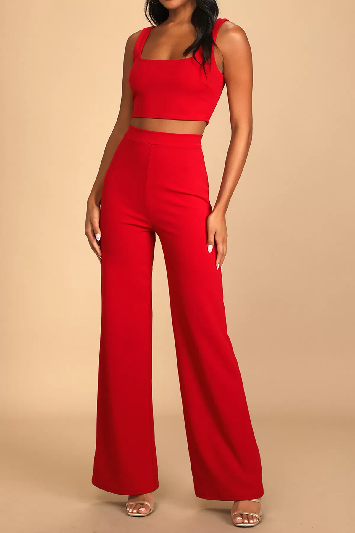 Kırmızı Dalgıç Kumaş Pantolon Bluz Kadın İkili Takım