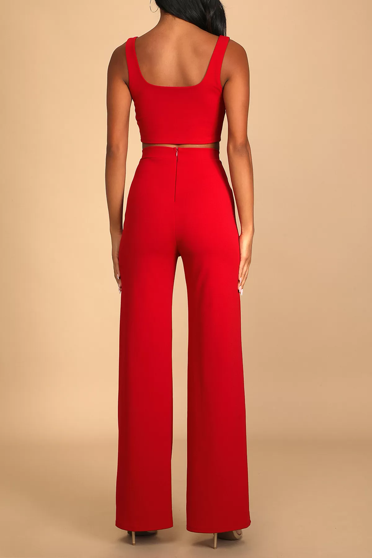 Kırmızı Dalgıç Kumaş Pantolon Bluz Kadın İkili Takım