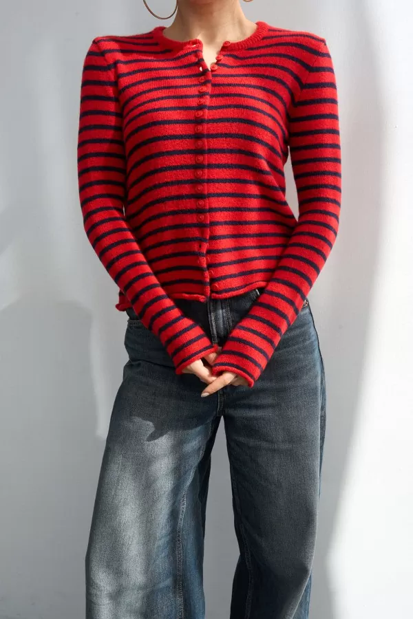 Kırmızı Lacivert Çizgili Triko Kadın Hırka