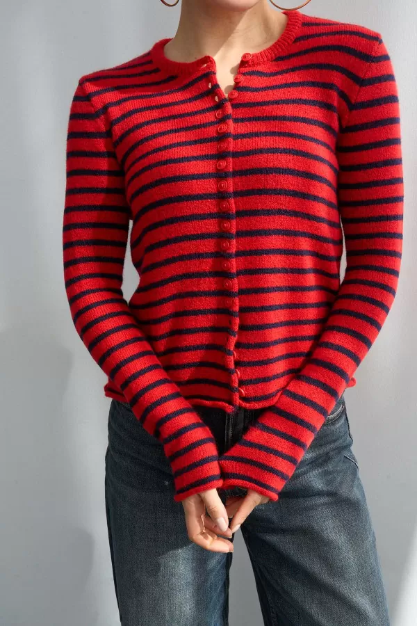 Kırmızı Lacivert Çizgili Triko Kadın Hırka