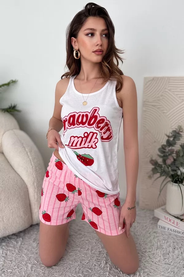 Kırmızı Pembe Pamuklu Şort Atlet Kadın Pijama Takımı