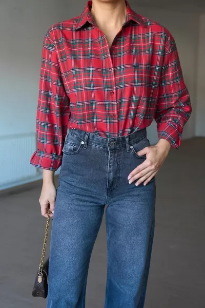 Kırmızı Yeşil Ekose Kadın Gömlek