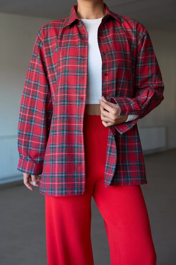 Kırmızı Yeşil Ekose Kadın Gömlek